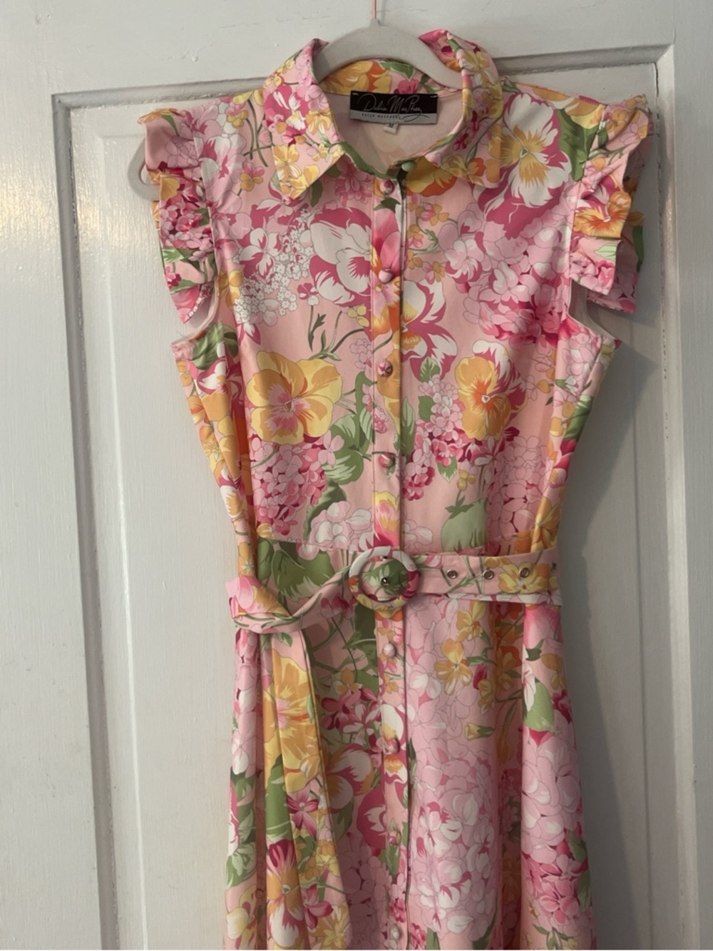 Floral Pink Sleeveless Midi Dress with Belt - Picture 4 of 5